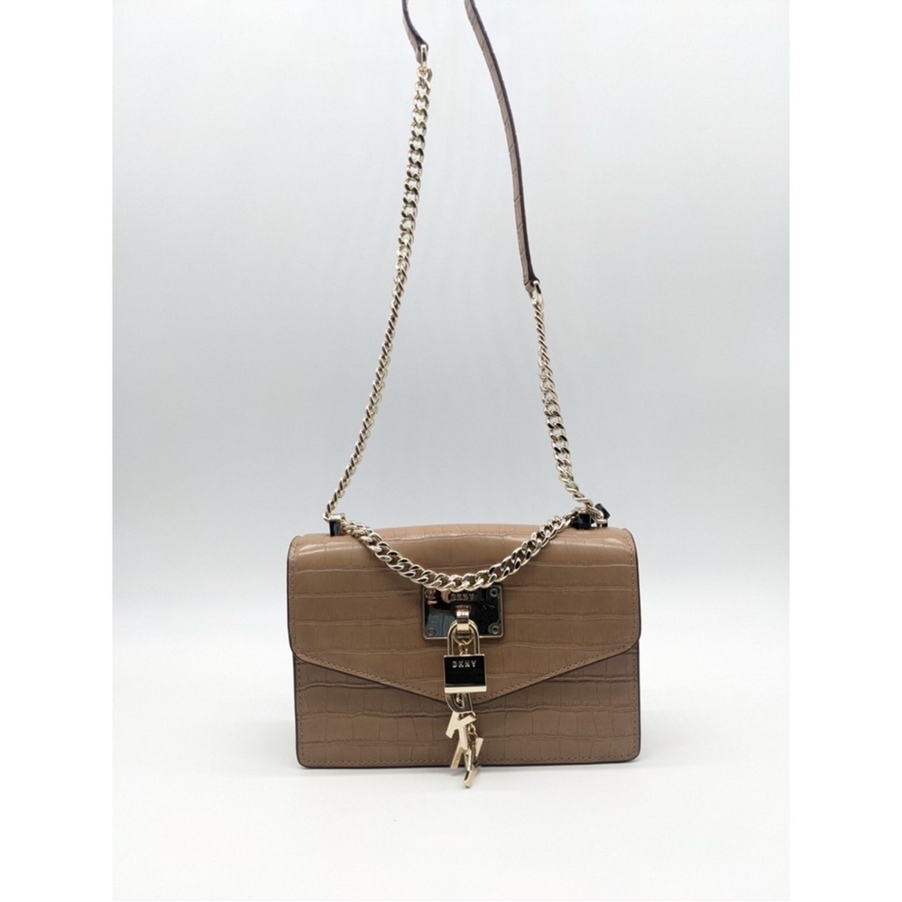 DKNY Womens Sand Beige Croc-Embossed Elissa Small Flap Shoulder Bag NWT